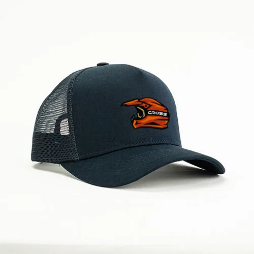 Boné trucker azul-marinho com logótipo bordado laranja