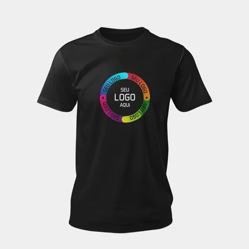 T-shirt preta com área de personalização circular colorida "seu logo aqui"